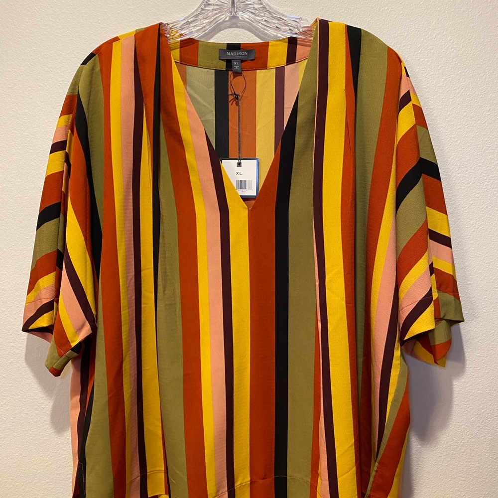 Madison Striped V-Neck Tunic in Orange, Olive & Pink